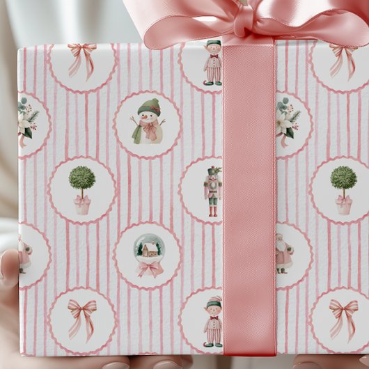Preppy Grandmillennial Pink Nutcracker Christmas ラッピングペーパー