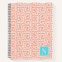 Preppy Greek Key Monogram – Coral & Turquoise ノートブック