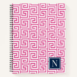 Preppy Greek Key Monogram – Hot Pink & Navy ノートブック