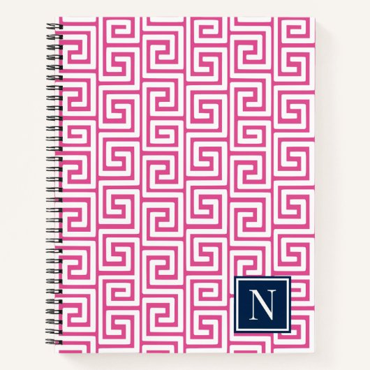 Preppy Greek Key Monogram – Hot Pink & Navy ノートブック (正面)