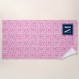 Preppy Greek Key Monogram – Hot Pink & Navy ビーチタオル