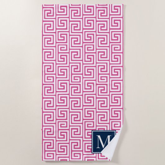 Preppy Greek Key Monogram – Hot Pink & Navy ビーチタオル (正面)