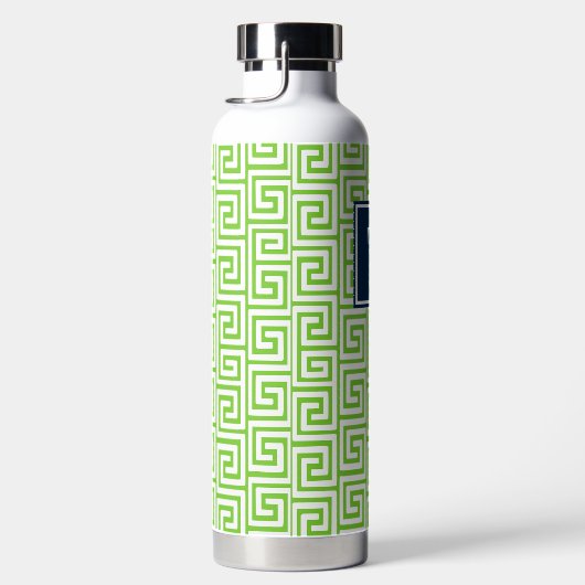 Preppy Greek Key Monogram - Lime Green & Navy ウォーターボトル (右面)