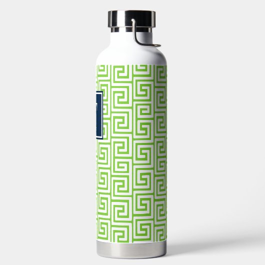 Preppy Greek Key Monogram - Lime Green & Navy ウォーターボトル (左面)