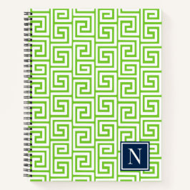 Preppy Greek Key Monogram – Lime Green & Navy ノートブック