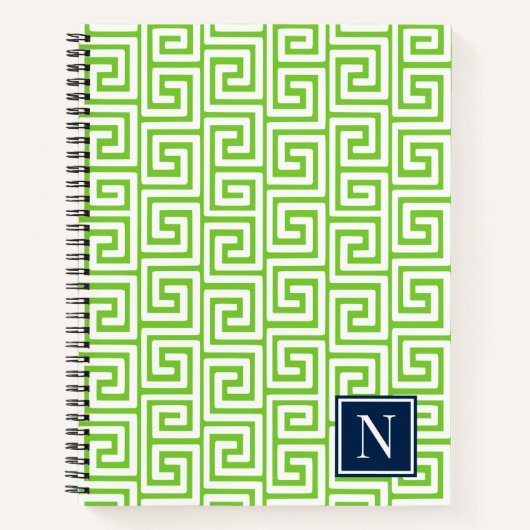 Preppy Greek Key Monogram – Lime Green & Navy ノートブック (正面)
