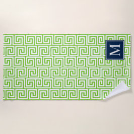 Preppy Greek Key Monogram – Lime Green & Navy ビーチタオル