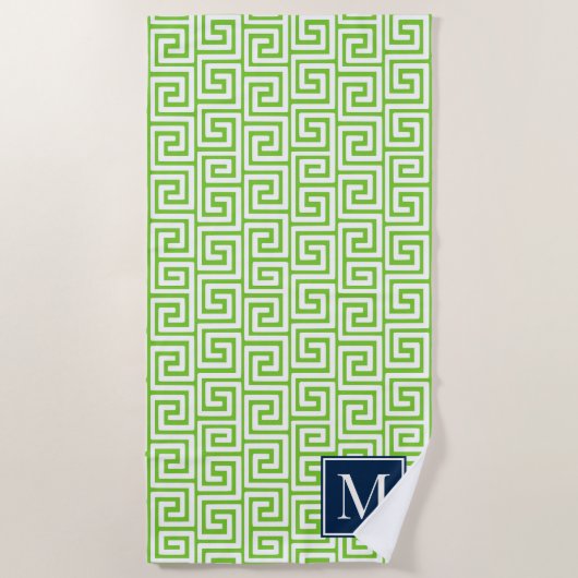 Preppy Greek Key Monogram – Lime Green & Navy ビーチタオル (正面)