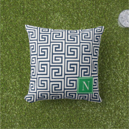 Preppy Greek Key Monogram – Navy & Green アウトドアクッション