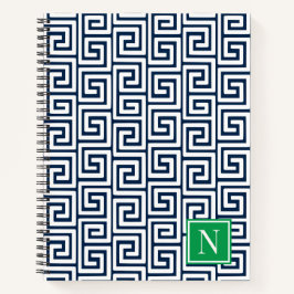 Preppy Greek Key Monogram – Navy & Green ノートブック