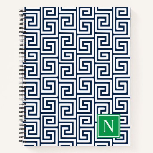 Preppy Greek Key Monogram – Navy & Green ノートブック (正面)