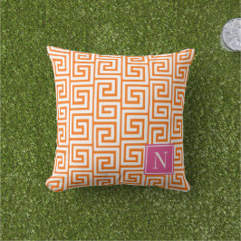 Preppy Greek Key Monogram – Orange & Hot Pink アウトドアクッション