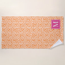 Preppy Greek Key Monogram – Orange & Hot Pink ビーチタオル