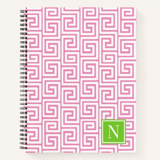 Preppy Greek Key Monogram – Pink & Lime ノートブック (正面)