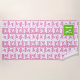 Preppy Greek Key Monogram – Pink & Lime Green ビーチタオル