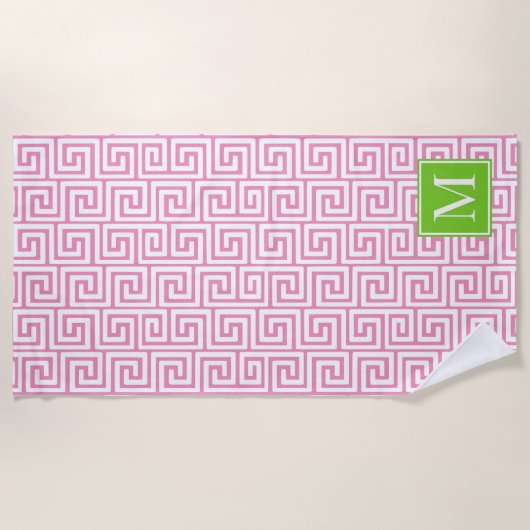 Preppy Greek Key Monogram – Pink & Lime Green ビーチタオル (正面)