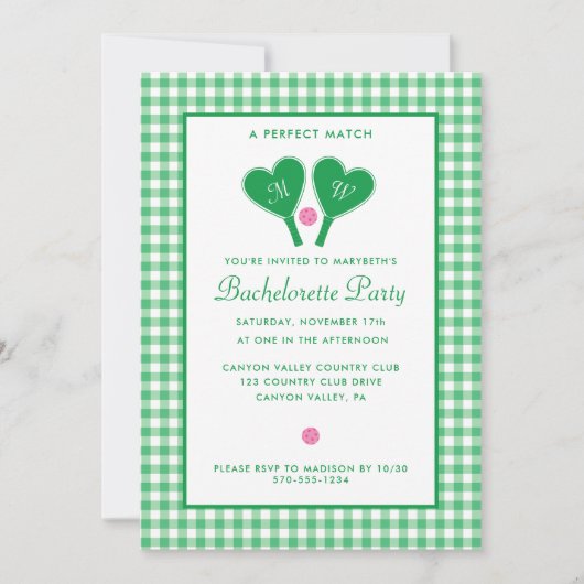 Preppy Green and Pink Pickleball Bachelorette 招待状 (正面)