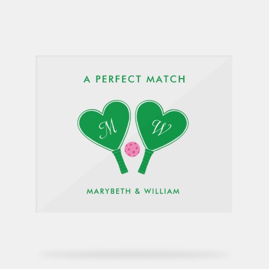 Preppy Green and Pink Wedding Pickleball アクリルサイン (正面)