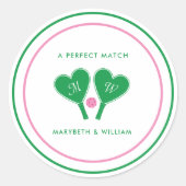 Preppy Green and Pink Wedding Pickleball ラウンドシール (正面)