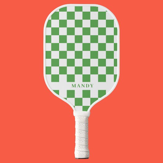 Preppy Green and White Checkerboard Custom Name ピックルボールラケット