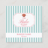 Preppy Green & Pink Stripes Bakery Logo QR Code スクエア名刺 (正面)