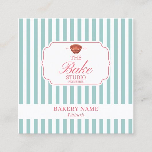 Preppy Green & Pink Stripes Bakery Logo QR Code スクエア名刺 (正面)