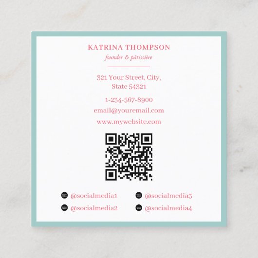 Preppy Green & Pink Stripes Bakery Logo QR Code スクエア名刺 (裏面)