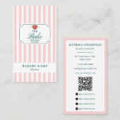 Preppy Green & Pink Stripes Bakery Logo QR Code 名刺 (正面/裏面)