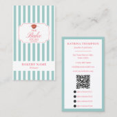 Preppy Green & Pink Stripes Bakery Logo QR Code 名刺 (正面/裏面)