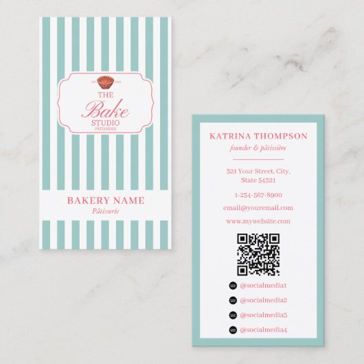 Preppy Green & Pink Stripes Bakery Logo QR Code 名刺 (正面/裏面)