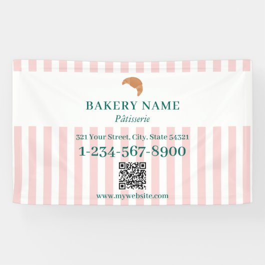 Preppy Green & Pink Stripes Bakery Logo QR Code 横断幕 (横)