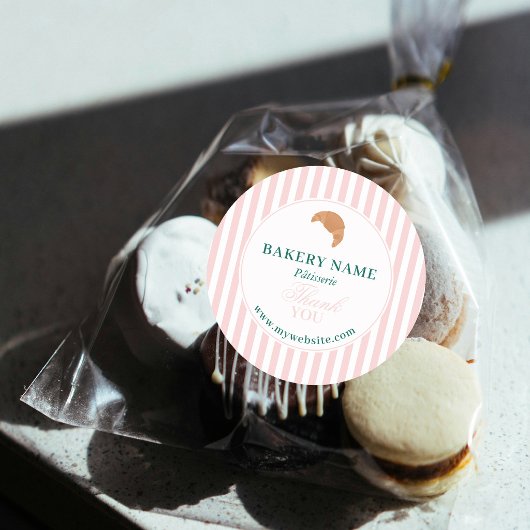 Preppy Green & Pink Stripes Bakery Logo Thank You ラウンドシール