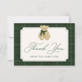 Preppy Green Plaid Teddy Bear Baby Shower サンキューカード (正面)