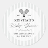 Preppy Grey Tennis Theme Chic Baby Shower ラウンドシール (正面)