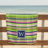 Preppy Lime, Pink &  Navy Stripe Monogram ビーチタオル