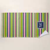Preppy Lime, Pink &  Navy Stripe Monogram ビーチタオル (正面)