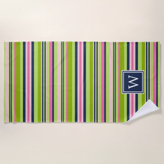 Preppy Lime, Pink &  Navy Stripe Monogram ビーチタオル (正面)