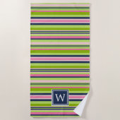 Preppy Lime, Pink &  Navy Stripe Monogram ビーチタオル (正面)