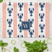 Preppy Lobster Greek Key  Coral & Navy Monogram キッチンタオル (折り畳み)