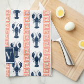 Preppy Lobster Greek Key  Coral & Navy Monogram キッチンタオル (四つ折り)