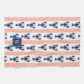 Preppy Lobster Greek Key  Coral & Navy Monogram キッチンタオル (横)