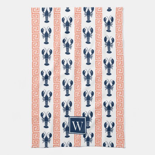 Preppy Lobster Greek Key  Coral & Navy Monogram キッチンタオル (縦)