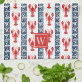 Preppy Lobster Greek Key  Red & Navy Monogram キッチンタオル (折り畳み)