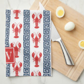 Preppy Lobster Greek Key  Red & Navy Monogram キッチンタオル (四つ折り)