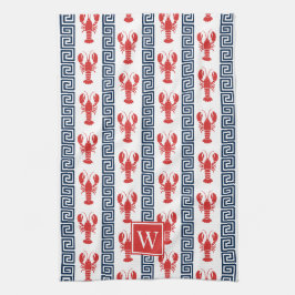 Preppy Lobster Greek Key  Red & Navy Monogram キッチンタオル