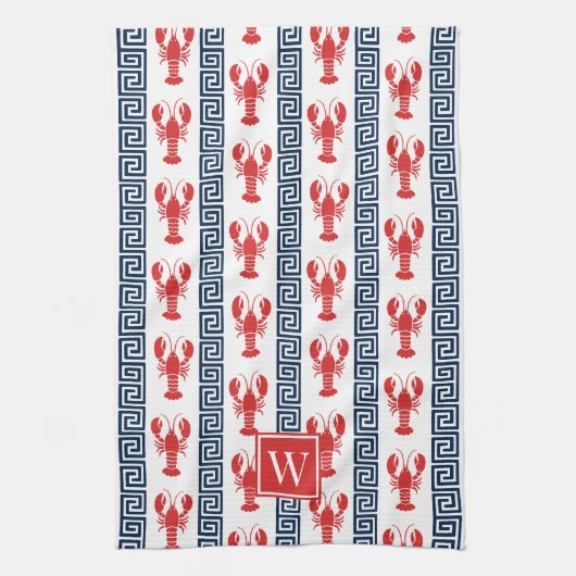Preppy Lobster Greek Key  Red & Navy Monogram キッチンタオル (縦)