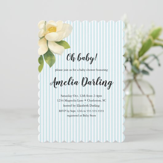 Preppy Magnolia Flower Stripe Baby Shower 招待状 (スタンド正面)