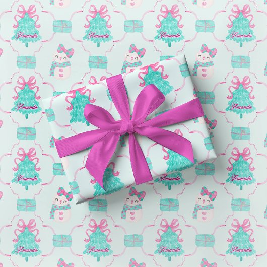 Preppy Mint Girly Christmas Gift Wrap Pink Bow ラッピングペーパー