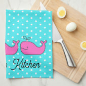 Preppy Nautical Pink and Aqua Whales キッチンタオル (四つ折り)