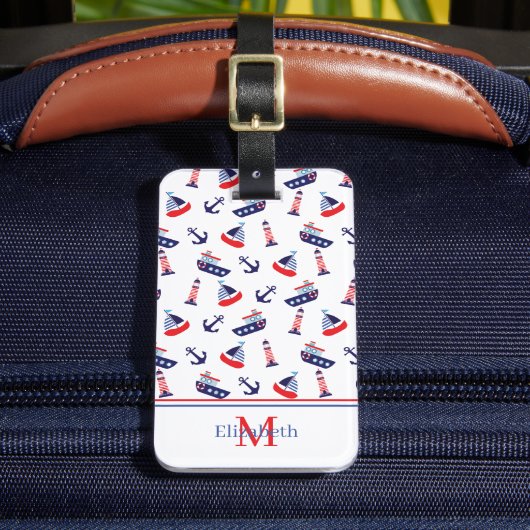 Preppy Nautical Sailboats Monogram ラゲッジタグ (正面インサイチュ2)